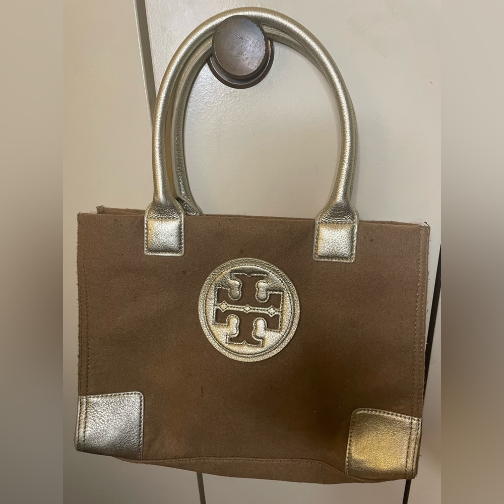 Tory Burch | Ella Tote wool & leather brown bag. Purse itself is 10 1/8 high